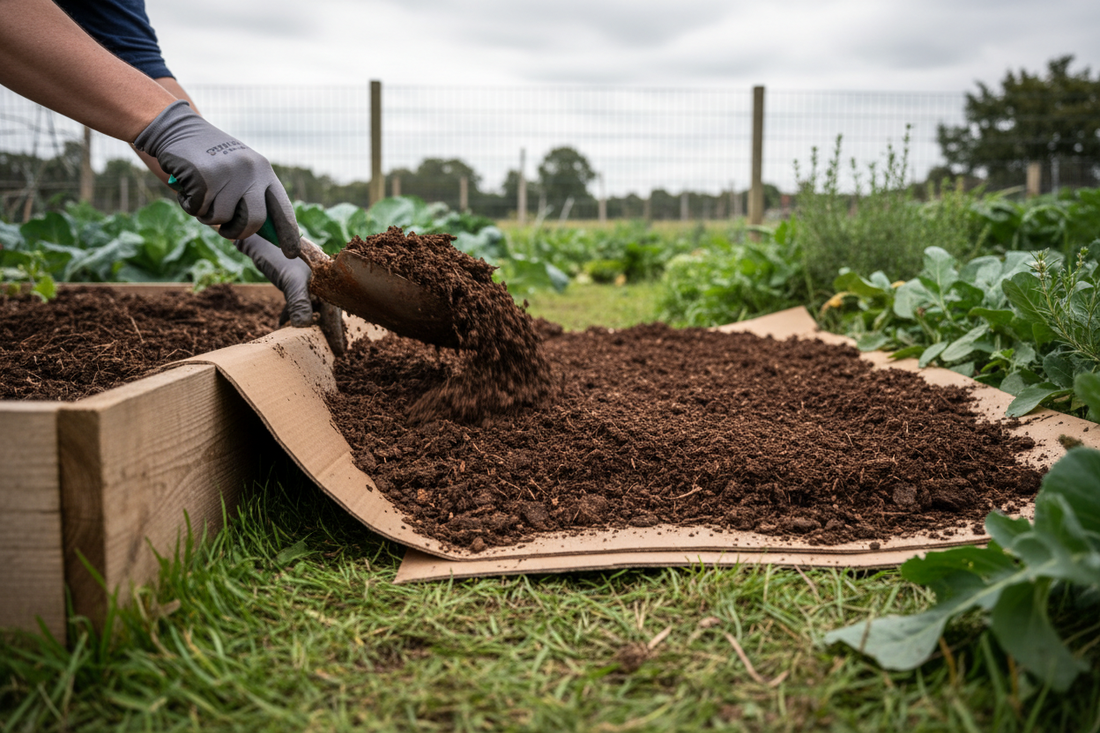 Thick layer of dark compost being spread over cardboard on a UK no-dig vegetable bed