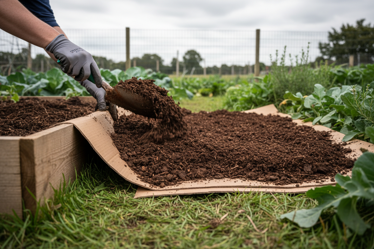 Thick layer of dark compost being spread over cardboard on a UK no-dig vegetable bed