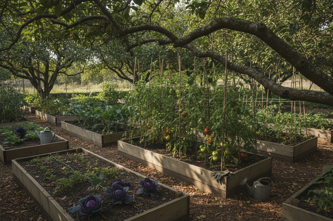 Overhanging tree branch casting shade across raised vegetable beds in a UK garden