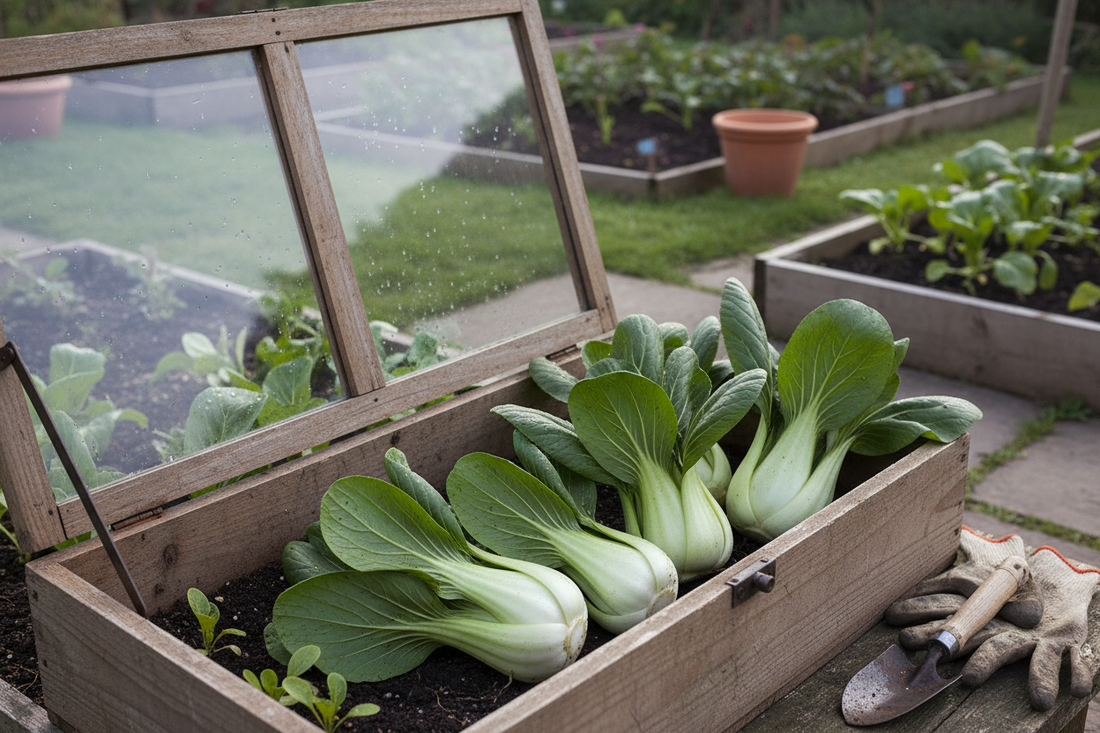 Mature pak choi harvested from a wooden cold frame in a UK kitchen garden