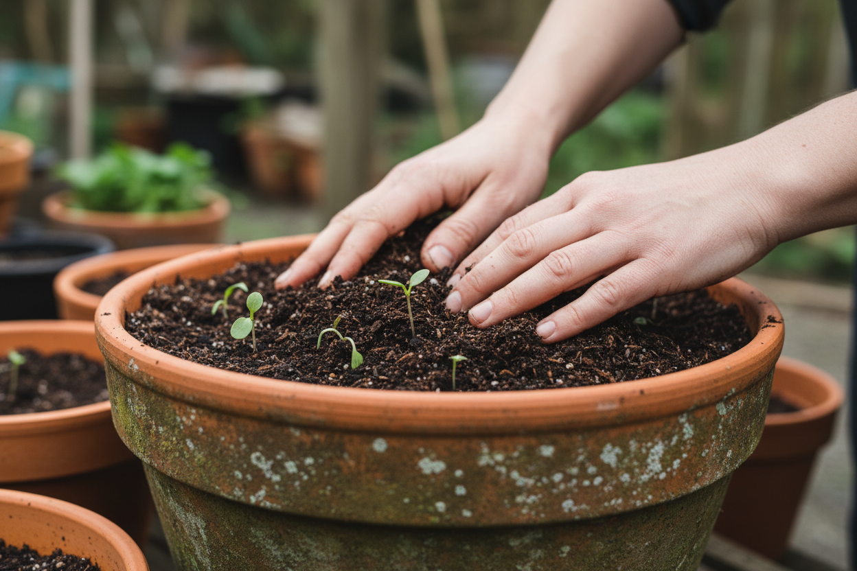 Hands pressing into dark peat-free compost in a terracotta pot with seedlings emerging, UK allotment garden