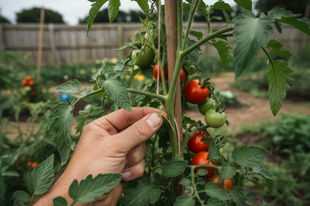 Gardener pinching out a tomato side-shoot by hand on a cordon tomato plant in a UK allotment