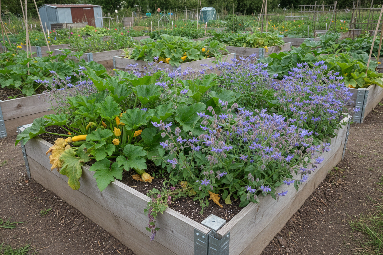 Borage and phacelia companion plants growing alongside courgettes and squash in a UK raised bed vegetable garden, with bees visiting the flowers