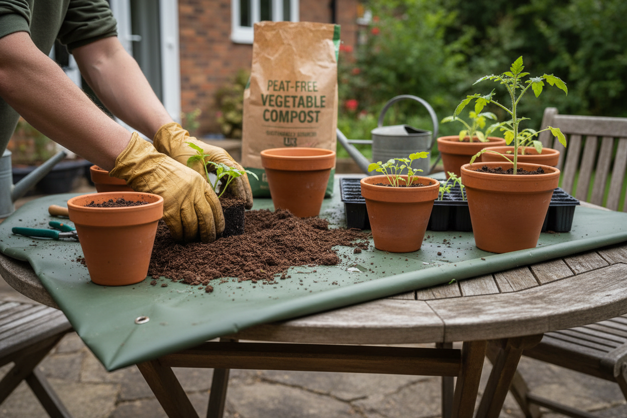Gardener potting up vegetable seedlings on a wooden patio table with a waterproof spill mat underneath, UK garden