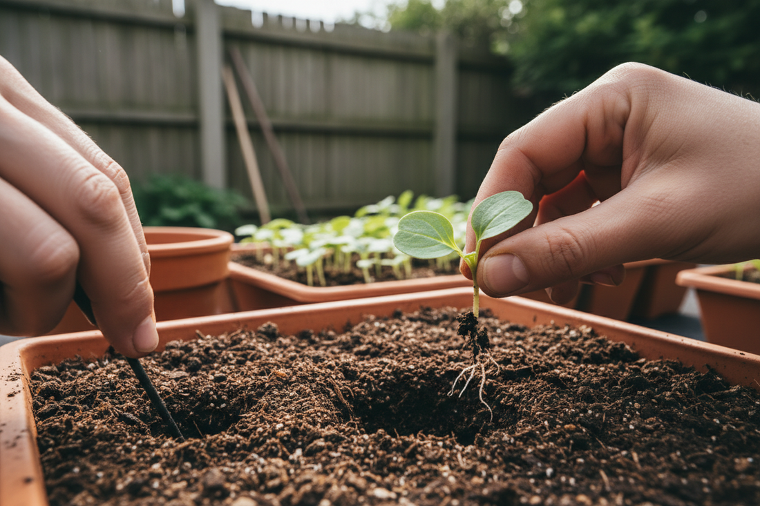 Hands pricking out a vegetable seedling by its seed leaf into a small pot of dark compost — SoilCommander