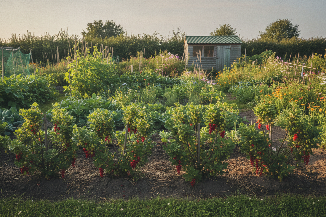 Well-pruned gooseberry and redcurrant bushes in an open goblet shape on a UK allotment plot