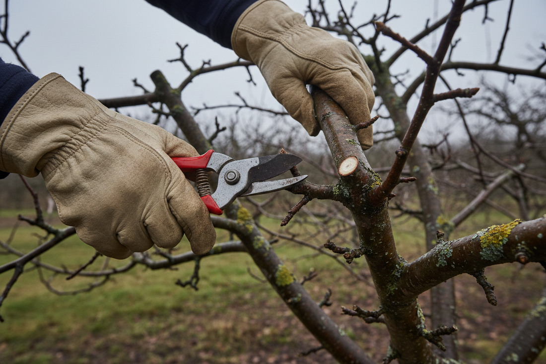 A gardener pruning an apple tree in winter dormancy using bypass secateurs in a UK vegetable garden