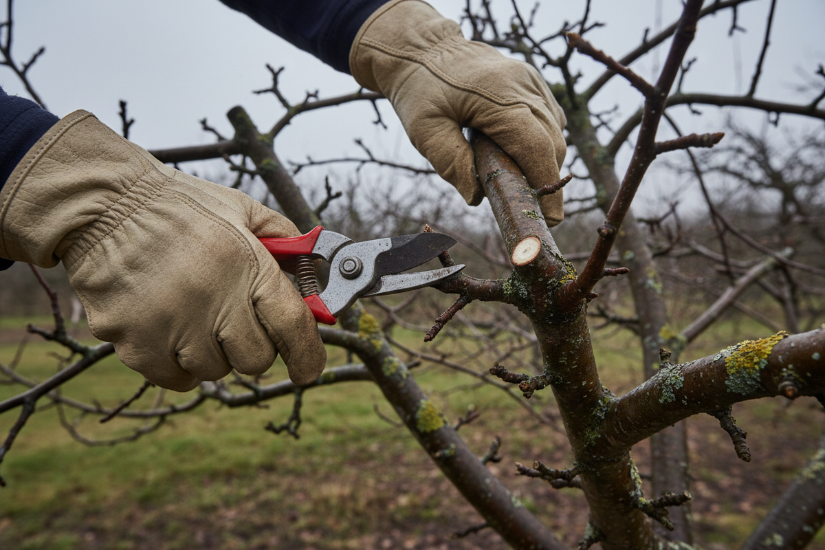 A gardener pruning an apple tree in winter dormancy using bypass secateurs in a UK vegetable garden