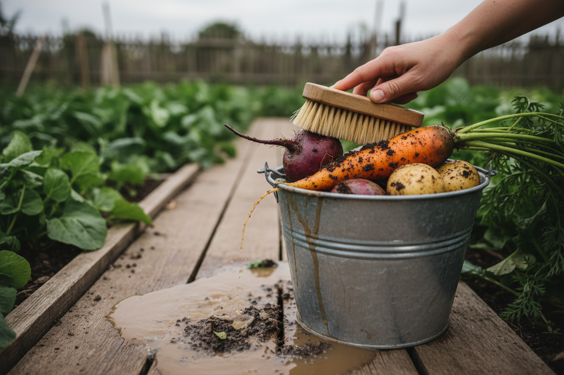 Muddy root vegetables being scrubbed clean with a stiff brush in a bucket of water on a UK allotment