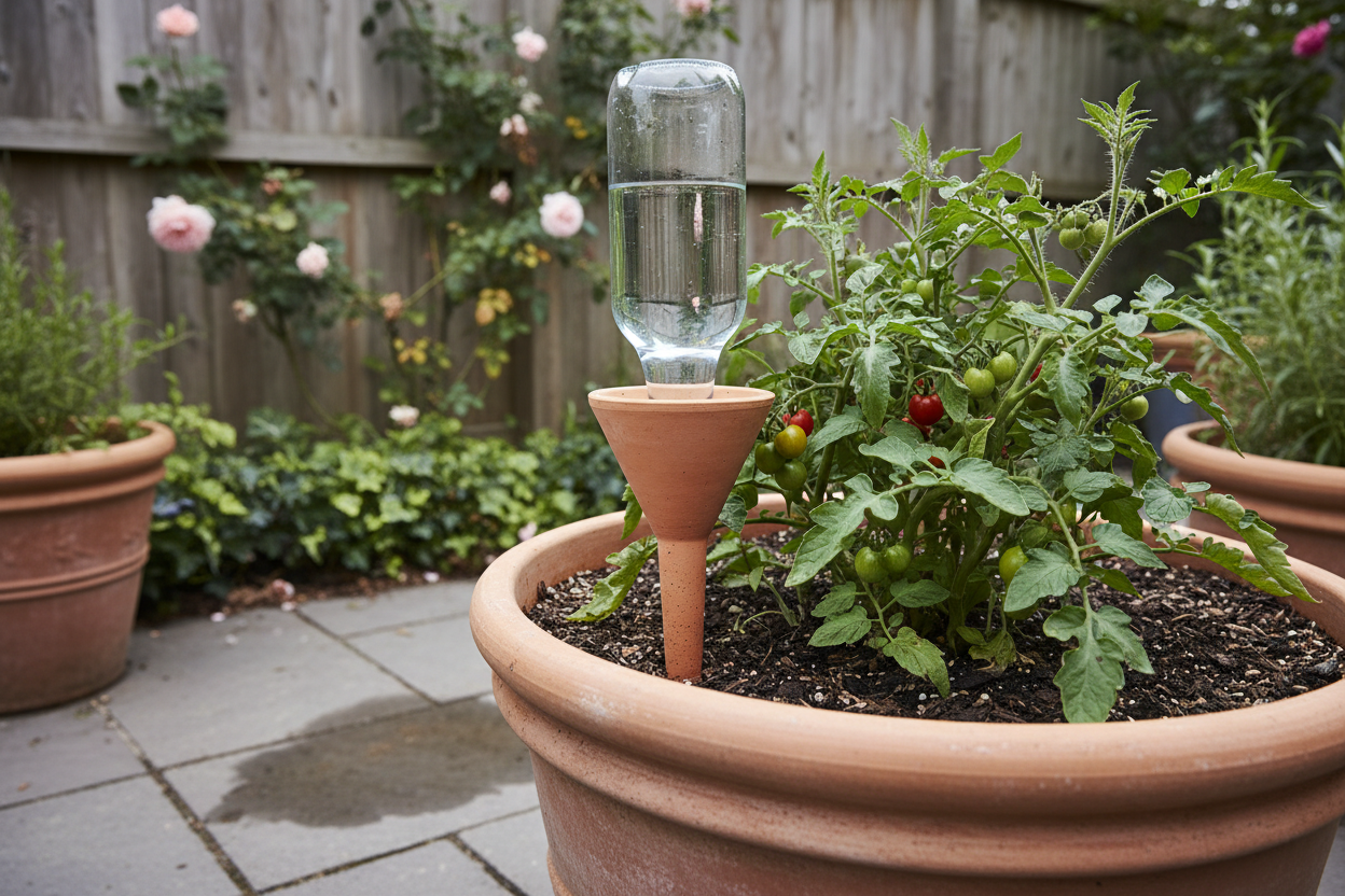 Terracotta self-watering spike inserted into a container tomato pot with a glass bottle reservoir, UK patio garden