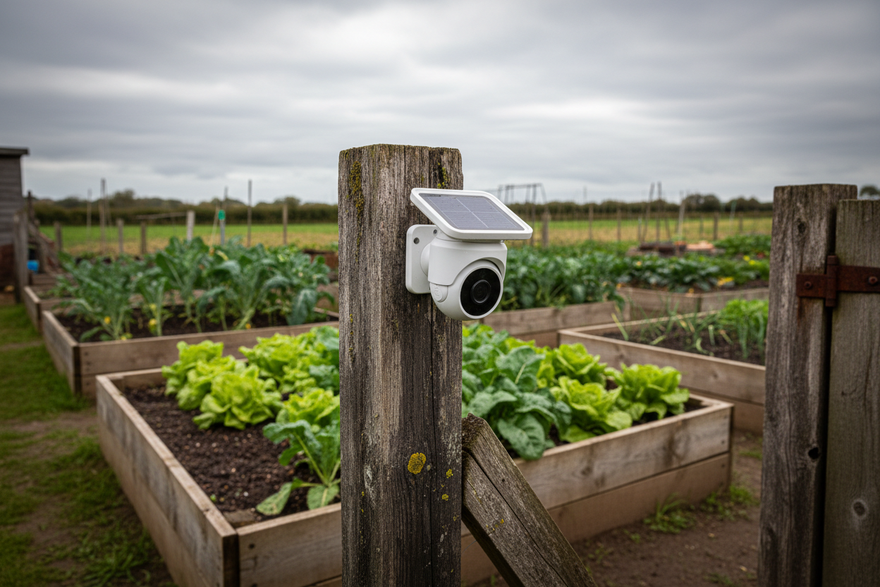 Solar security camera mounted on a wooden shed post overlooking a UK vegetable allotment plot