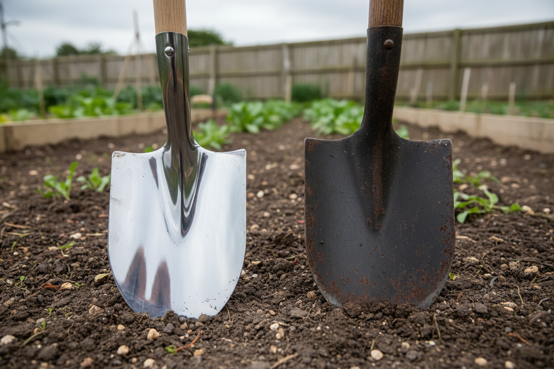 Stainless steel and carbon steel garden spades compared side by side on damp UK allotment soil