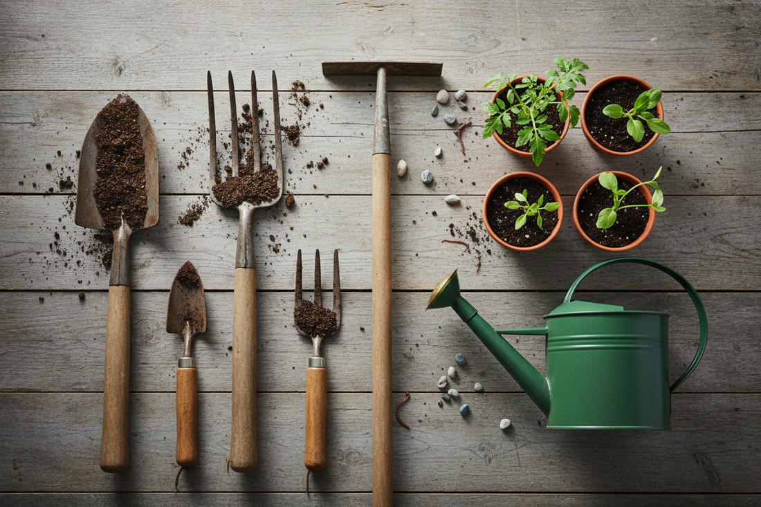 Essential UK allotment starter tools — spade, fork, rake, hoe, hand trowel and watering can laid out on weathered wood