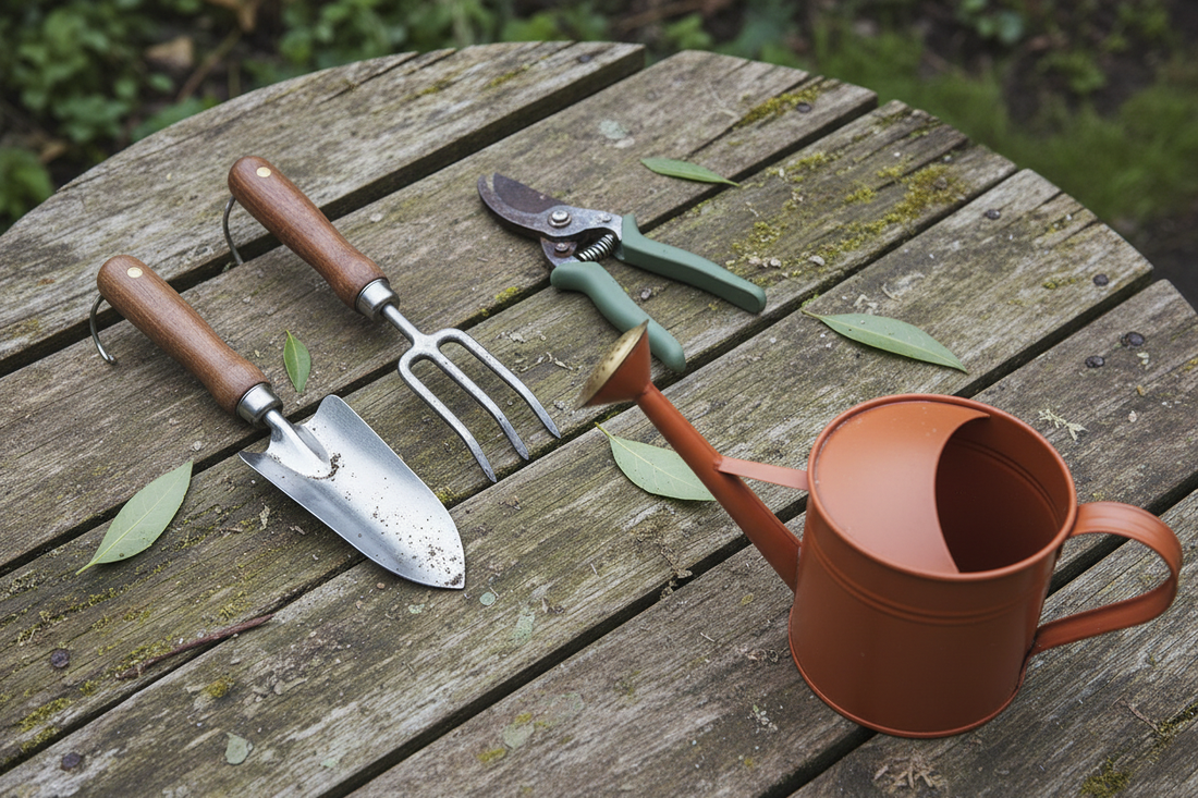 Four essential small vegetable garden tools — hand trowel, hand fork, bypass snips and watering can with rose — arranged on a wooden potting bench
