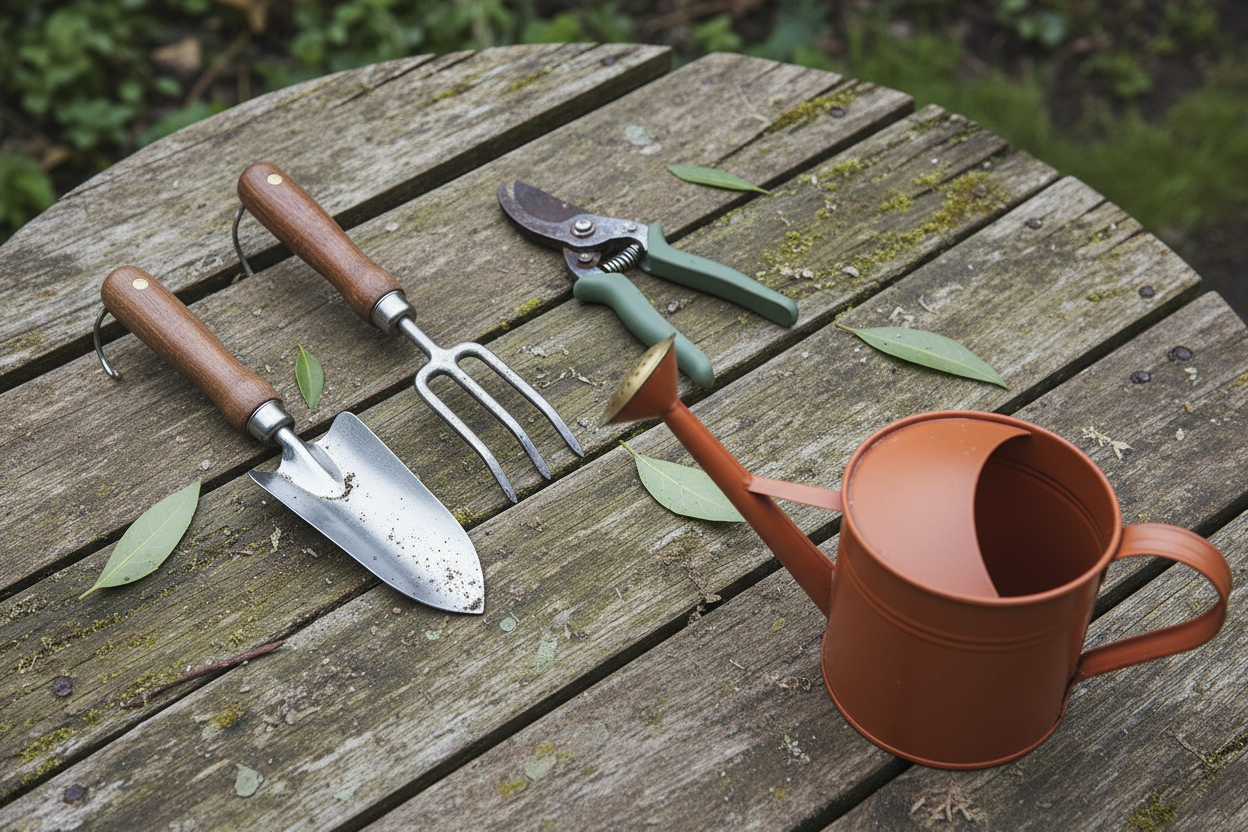Four essential small vegetable garden tools — hand trowel, hand fork, bypass snips and watering can with rose — arranged on a wooden potting bench