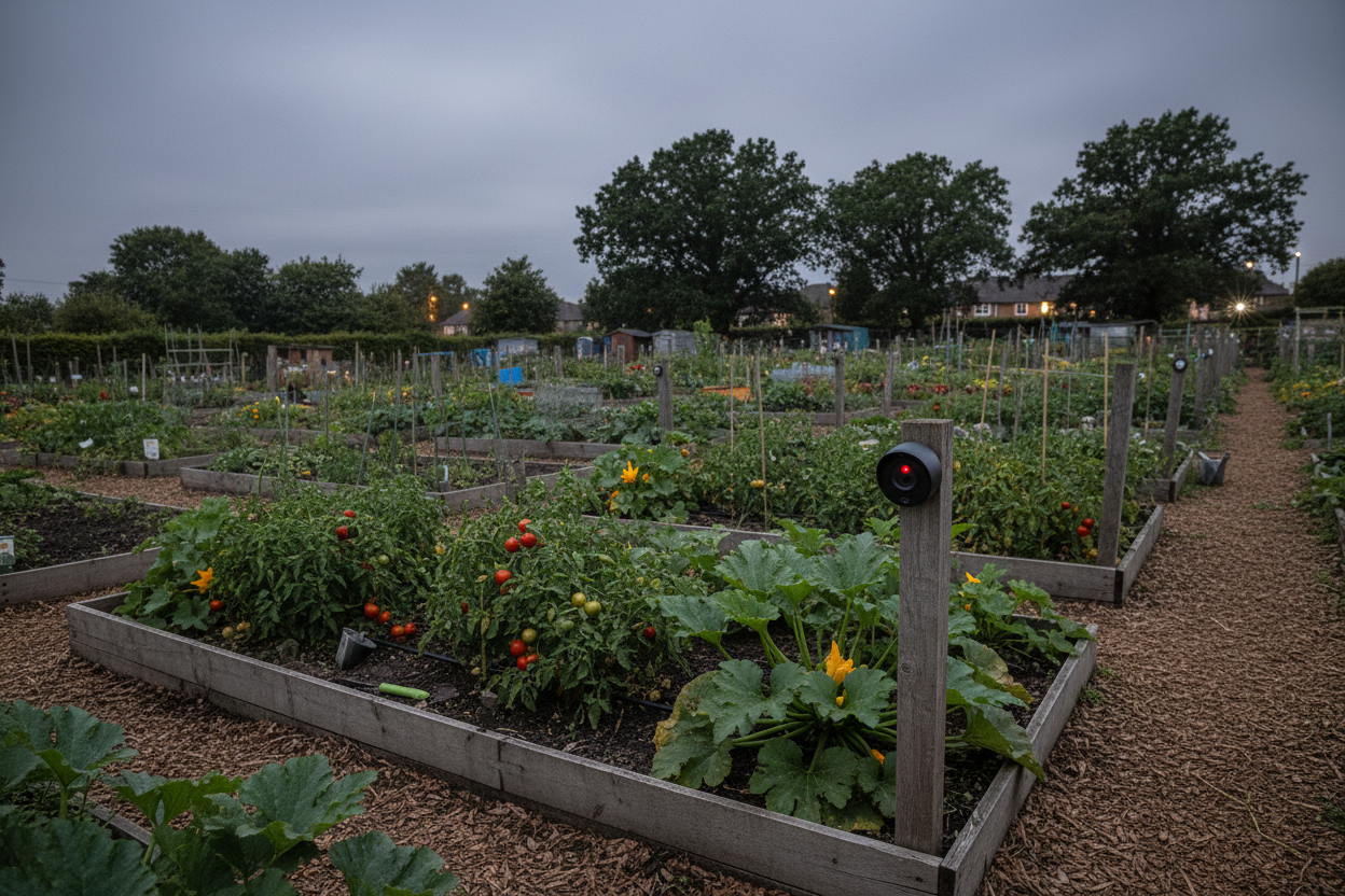 Outdoor security camera mounted on a post overlooking a UK allotment vegetable plot at dusk