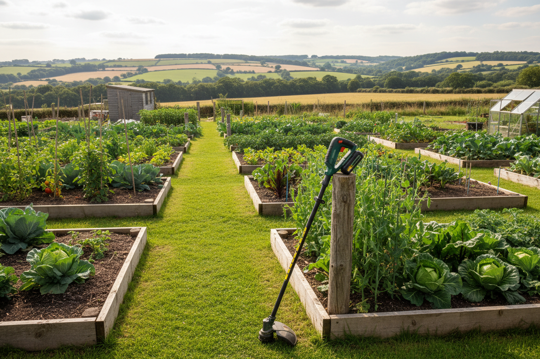UK allotment with grass paths between raised vegetable beds and a cordless string trimmer