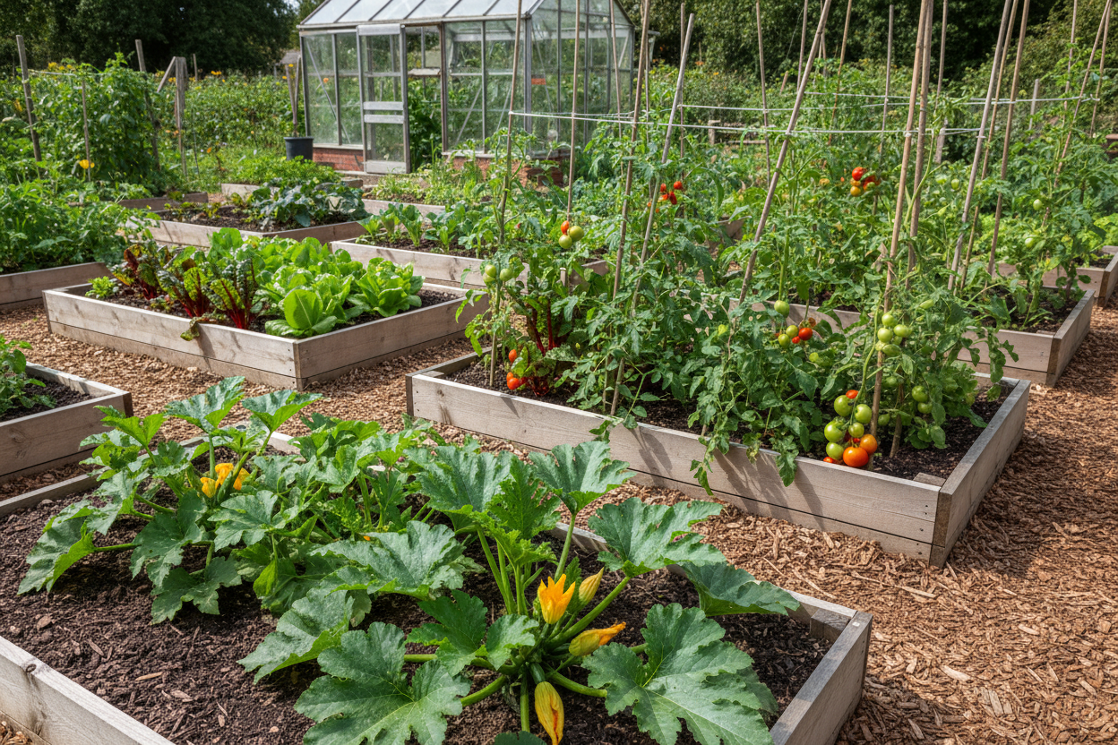 Productive UK raised bed vegetable garden with courgettes, tomatoes and leafy greens growing in rich dark soil