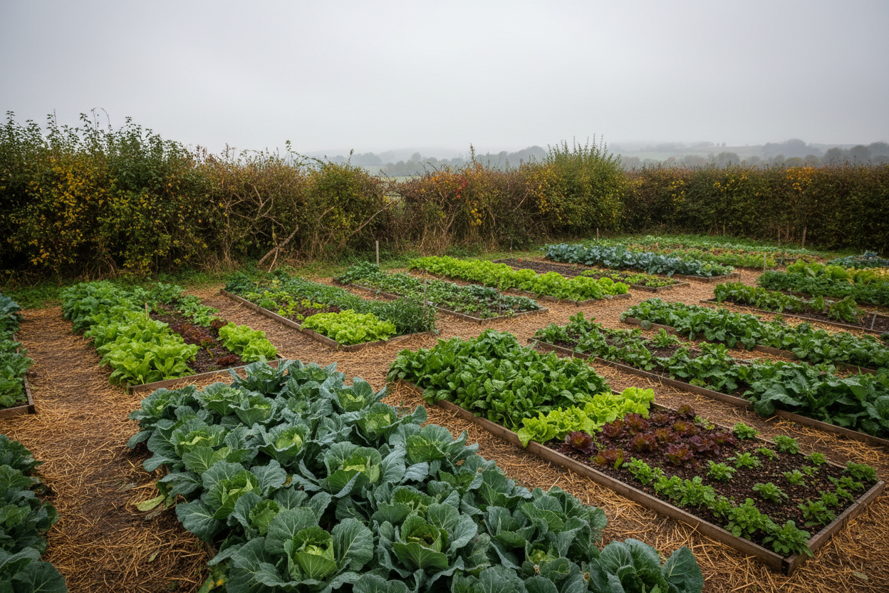 A UK vegetable garden protected by a natural hedge windbreak, with raised beds of brassicas and leafy crops in the foreground