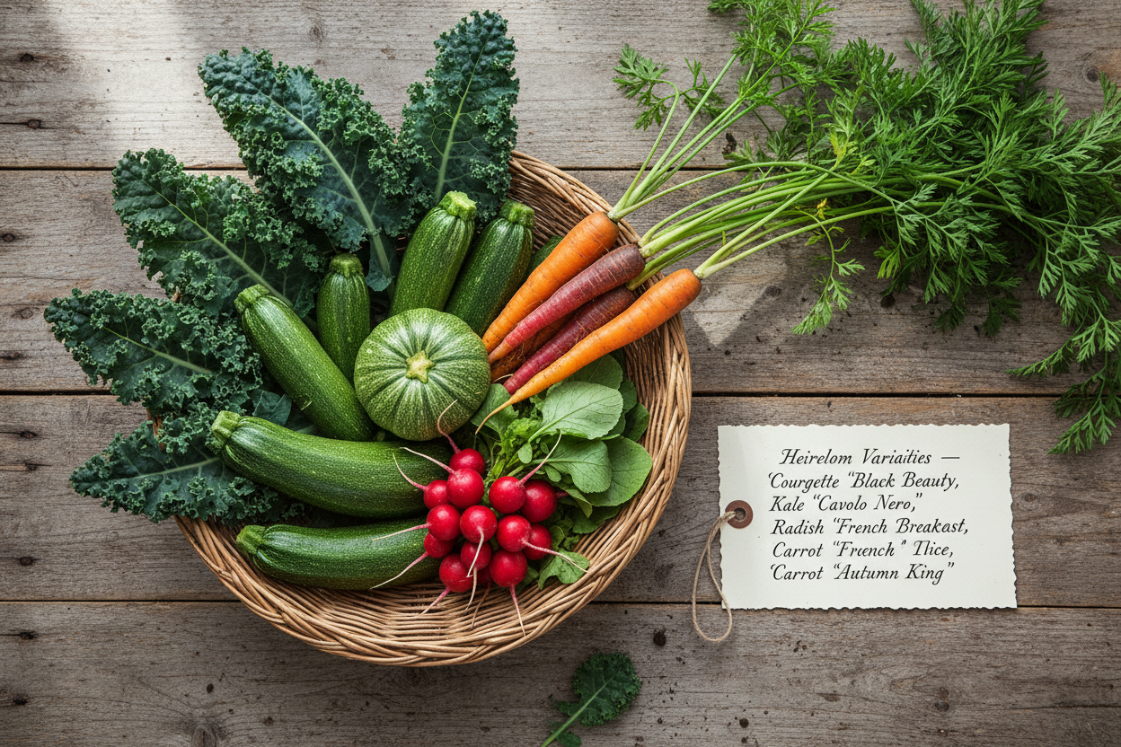 Freshly harvested UK garden vegetables including courgettes, kale, radishes and carrots in a basket with handwritten variety label