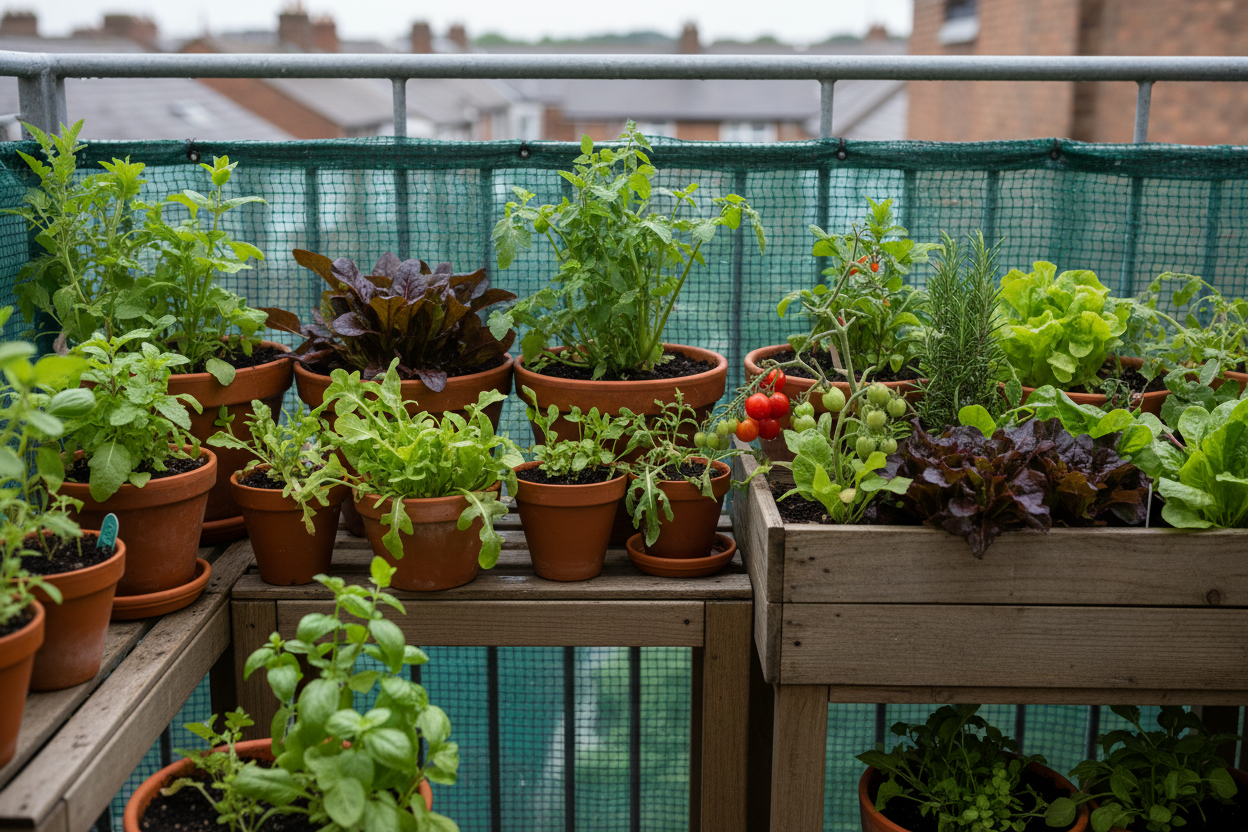 Urban balcony vegetable containers with salad, herbs and tomatoes growing in peat-free compost, UK garden