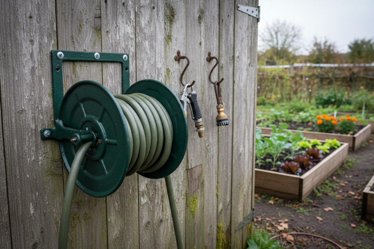 Wall-mounted hose reel bracket on a wooden shed wall on a small UK allotment, with a neatly coiled green hose and watering attachments