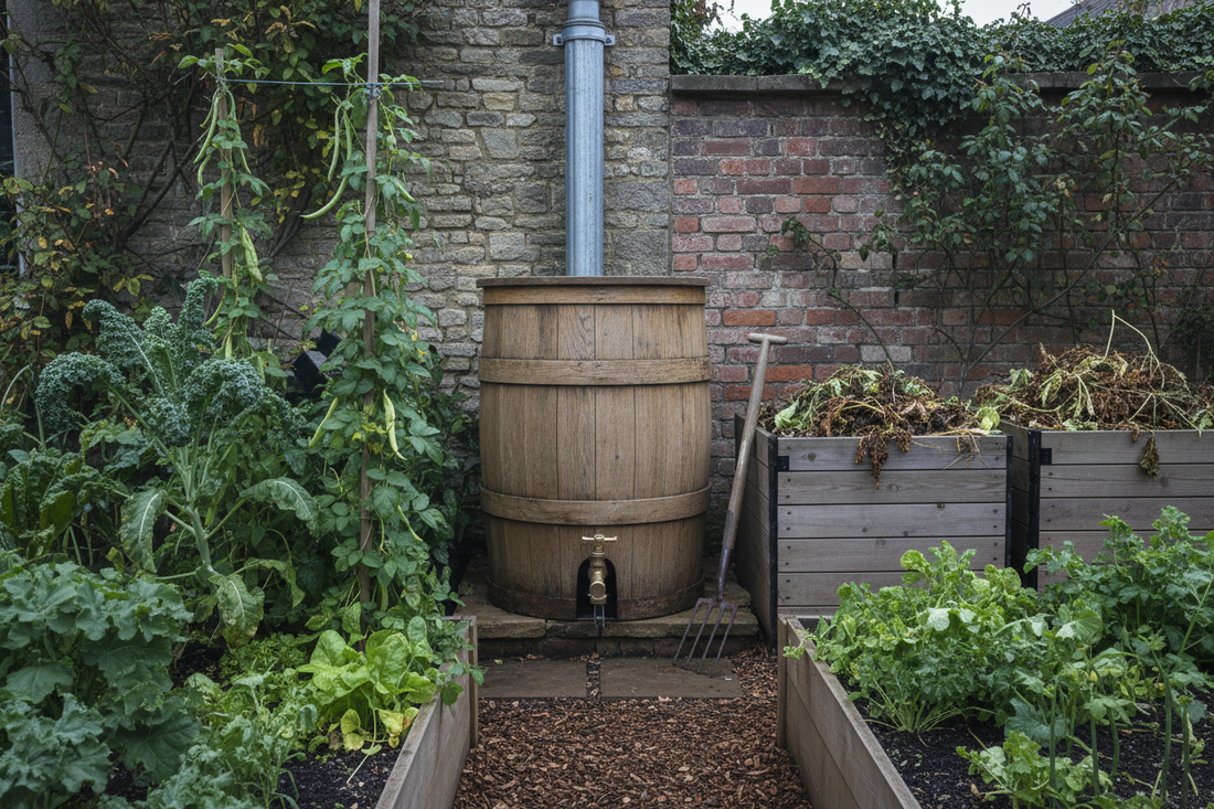 A wooden water butt with brass diverter fitting in a UK vegetable garden