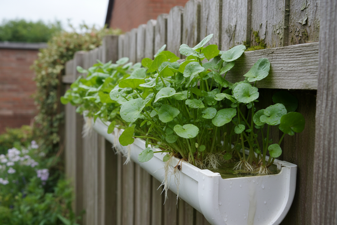 Watercress growing in a plastic guttering channel mounted on a garden fence, roots submerged in water