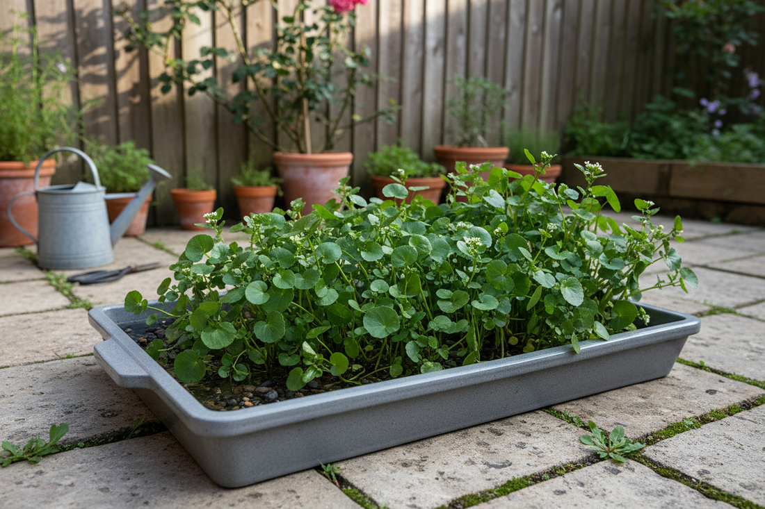 Watercress growing in a shallow tray of water on a UK garden patio