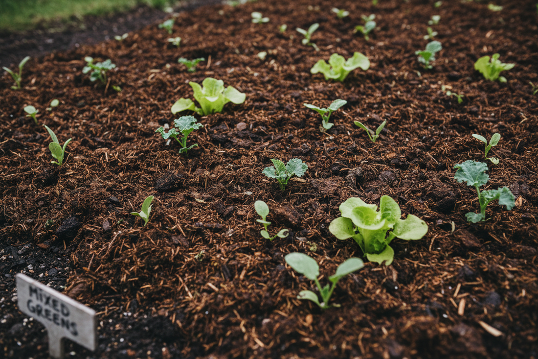 Well-rotted manure being spread as mulch on a no-dig vegetable bed in a UK garden