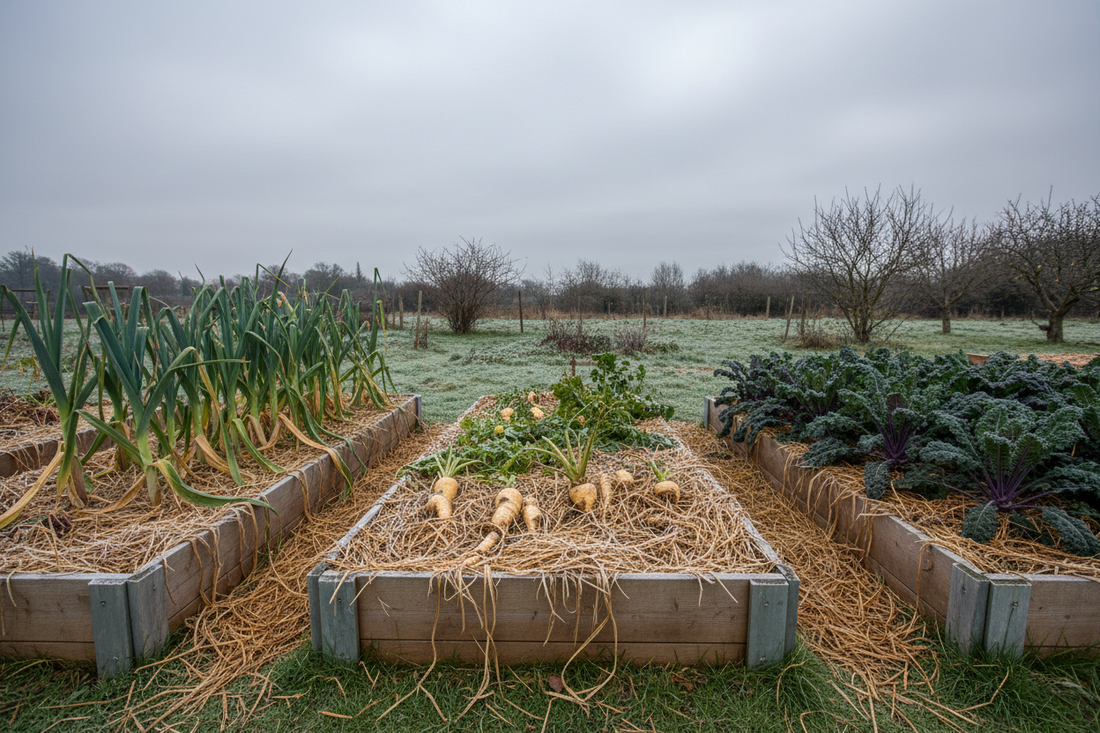 Hardy winter vegetables — leeks, parsnips and kale — growing in a frost-covered UK vegetable plot