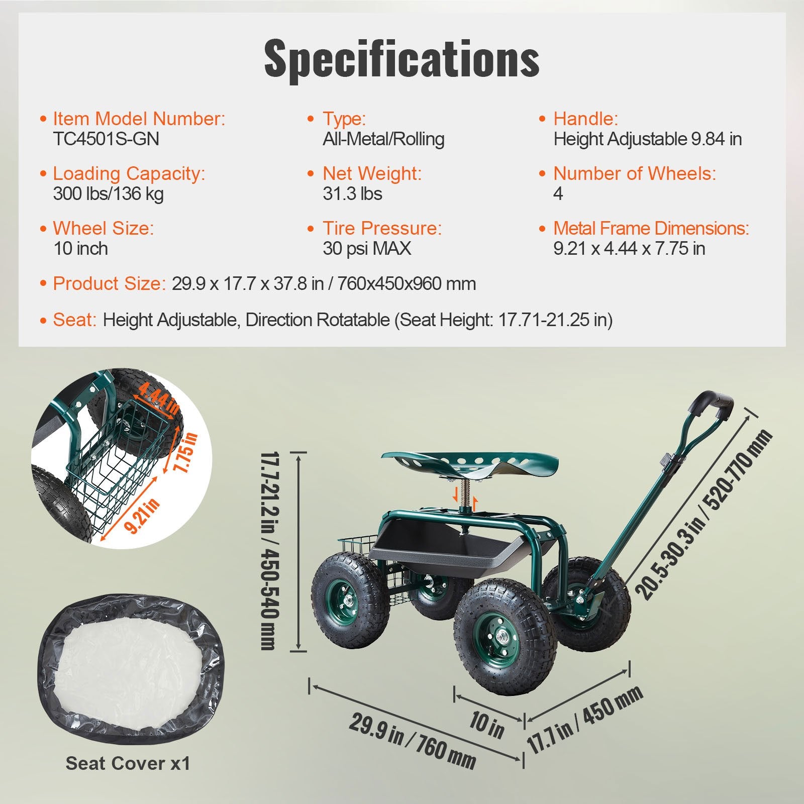 Heavy-Duty Garden Scooter Cart with Steering Handle