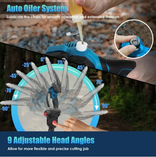 2-in-1 Cordless Pole Saw & Adjustable Length Chainsaw with Auto Oiler Safety Switch For Wood Cutting - 2Pcs 21V 3.0Ah Batteries Included