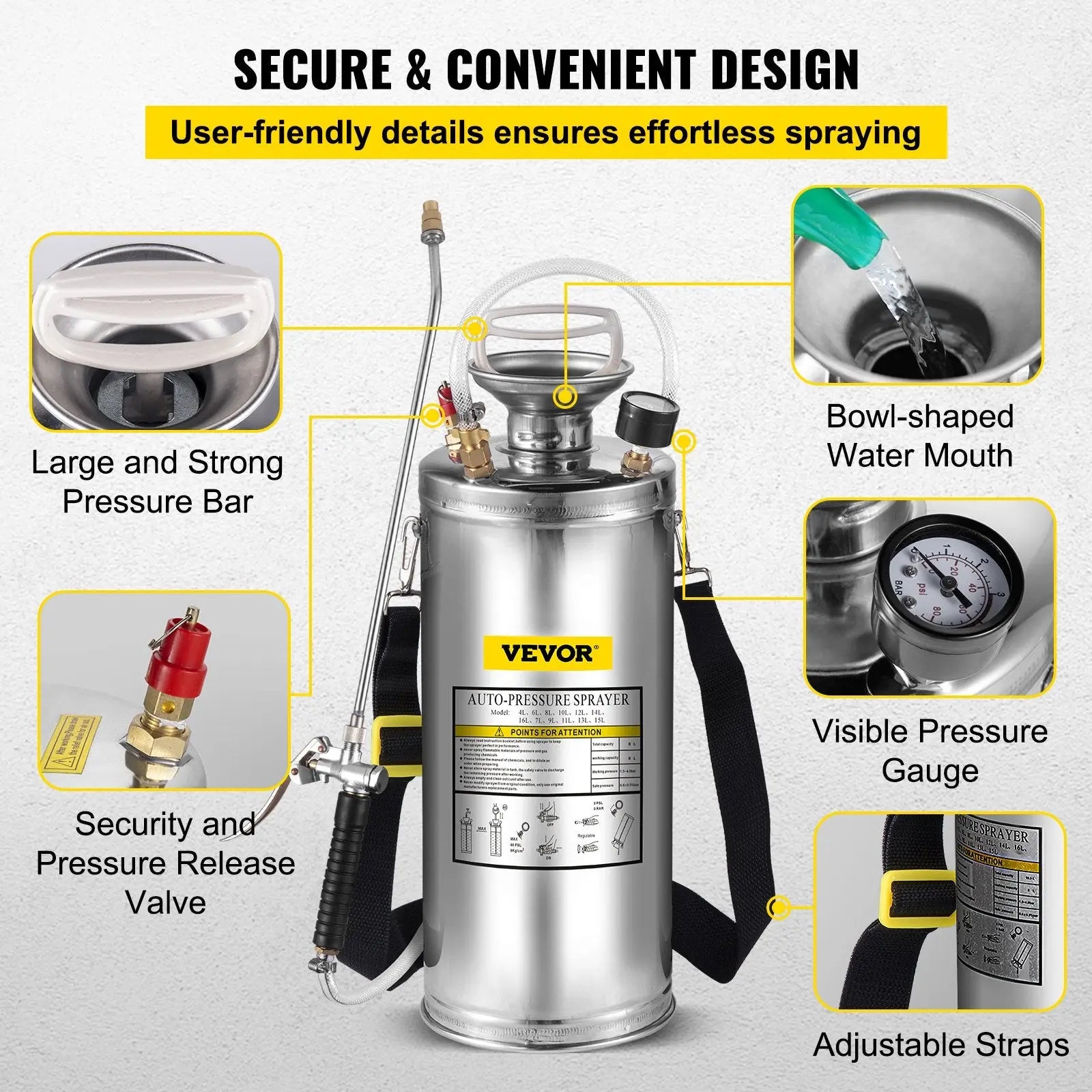 Stainless steel garden pressure sprayer with visible gauge, adjustable straps, and secure design.