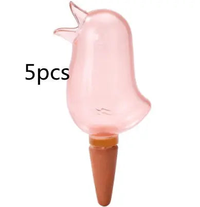 Pink bird-shaped self-watering planter stake for garden irrigation, 5 pieces