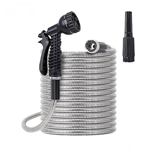 100ft Flexible Stainless Steel Garden Hose with 10 - Pattern Spray Nozzles - soilcommander