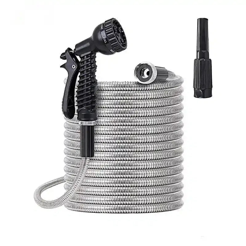 100ft Flexible Stainless Steel Garden Hose with 10 - Pattern Spray Nozzles - soilcommander