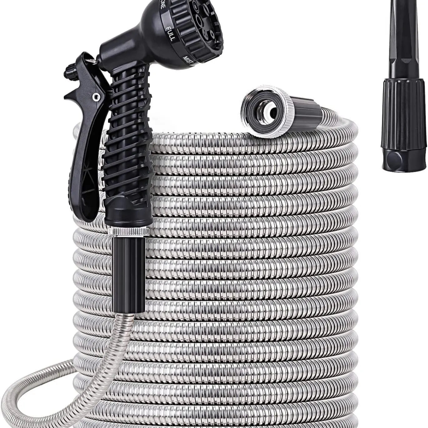 100ft Flexible Stainless Steel Garden Hose with 10 - Pattern Spray Nozzles - soilcommander