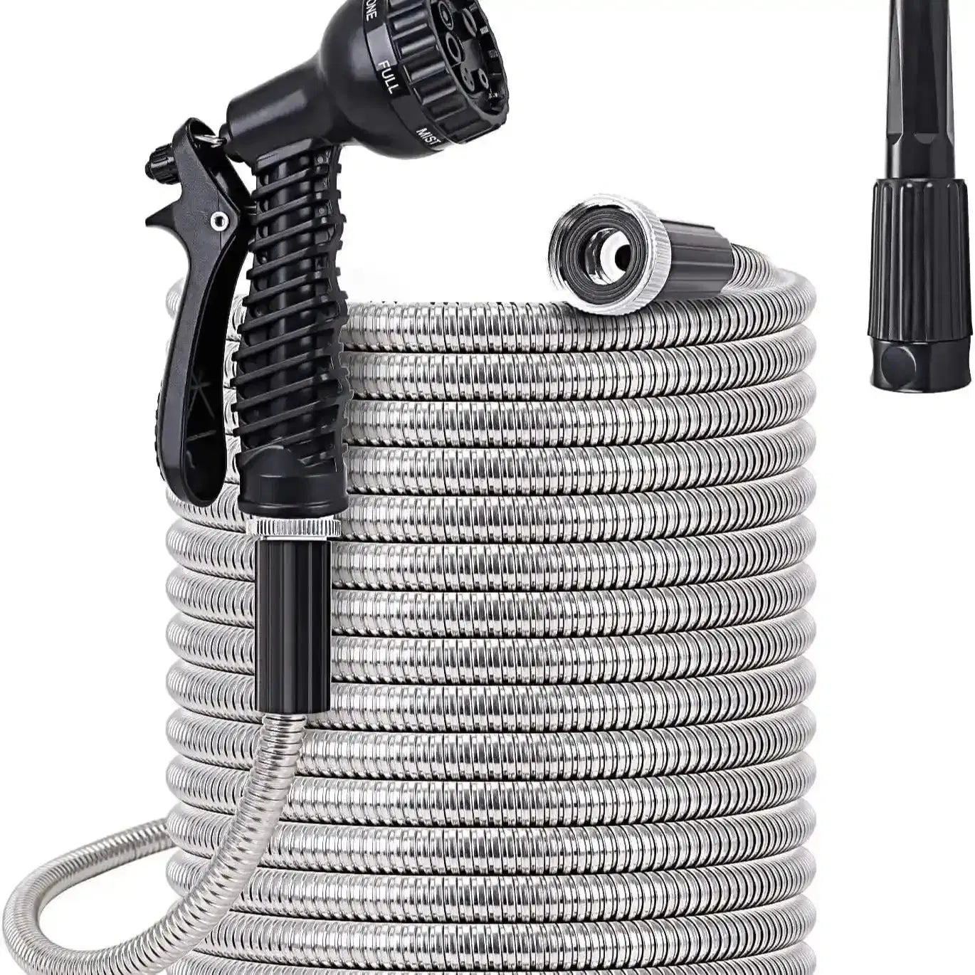 100ft Flexible Stainless Steel Garden Hose with 10 - Pattern Spray Nozzles - soilcommander