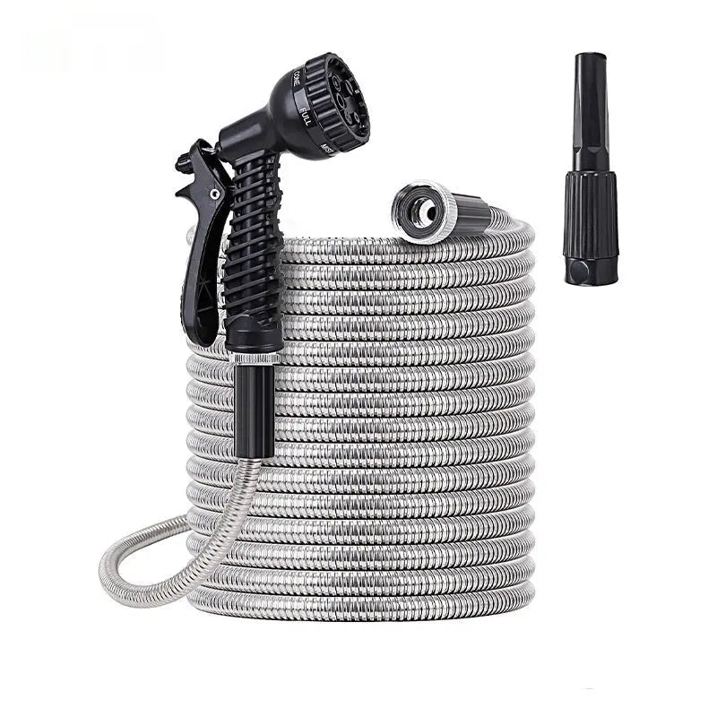 100ft Flexible Stainless Steel Garden Hose with 10 - Pattern Spray Nozzles - soilcommander