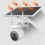 Solar-powered security camera with heating elements on a textured white background