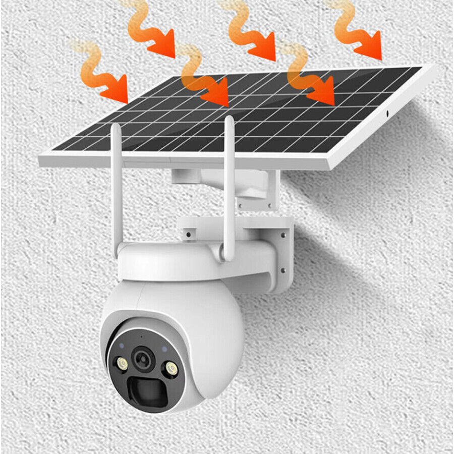 Solar-powered security camera with heating elements on a textured white background