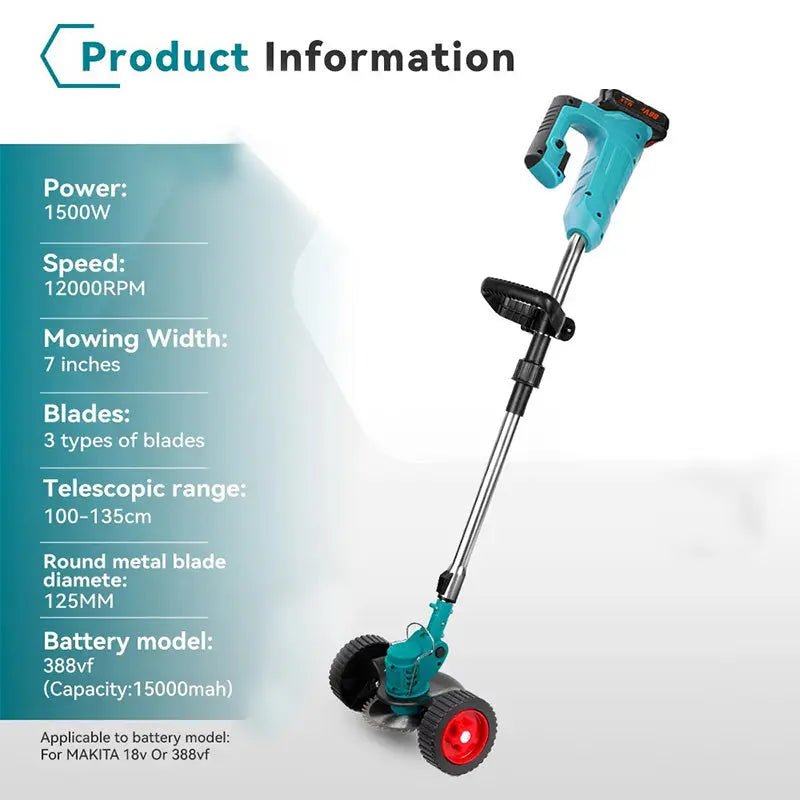 1500W Cordless String Trimmer - 7 - Inch Mowing Width 12000RPM Grass Cutter With Telescopic Handle For MAKITA Batteries - soilcommander