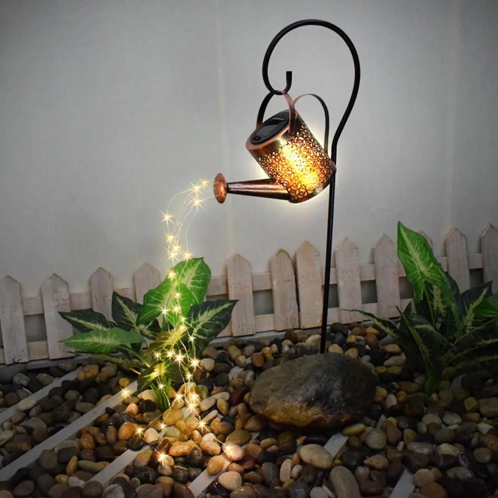 Enchanted Watering Can Outdoor Solar Watering Can Ornament Lamp Garden Art Light Decoration Hollow-out Iron Shower LED Lights 1