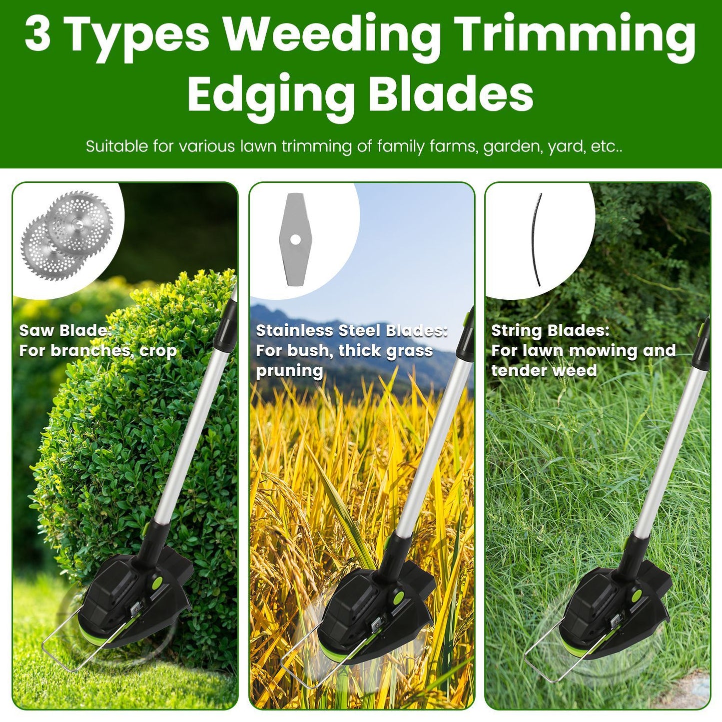 1Set 21V Electric Weed Edger Cordless String Trimmer With 2Pcs3000mAh Batteries 3.6-4.6FT Length 90 Degree Rotatable Angle Saw Blades Steel Blades String Blades Fedex Shipping