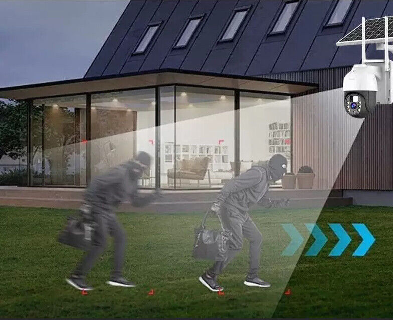 Security camera system monitoring two intruders outside a modern house.