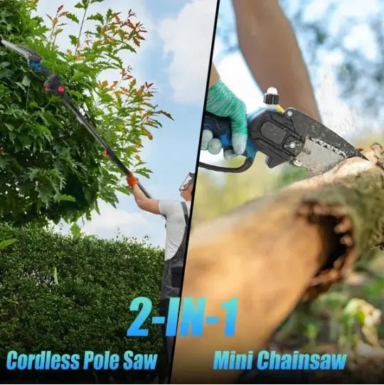 2 - in - 1 Cordless Pole Saw & Adjustable Length Chainsaw with Auto Oiler Safety Switch For Wood Cutting - 2Pcs 21V 3.0Ah Batteries Included - soilcommander