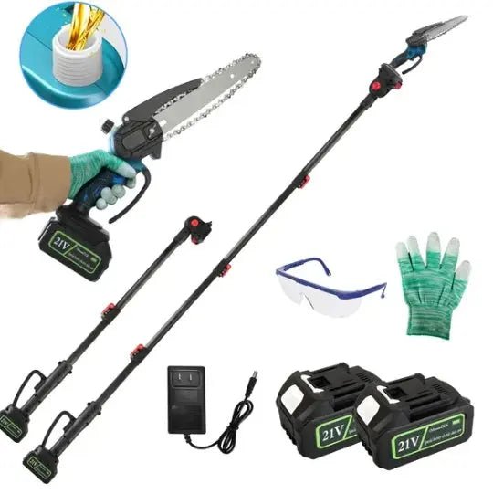 2 - in - 1 Cordless Pole Saw & Adjustable Length Chainsaw with Auto Oiler Safety Switch For Wood Cutting - 2Pcs 21V 3.0Ah Batteries Included - soilcommander