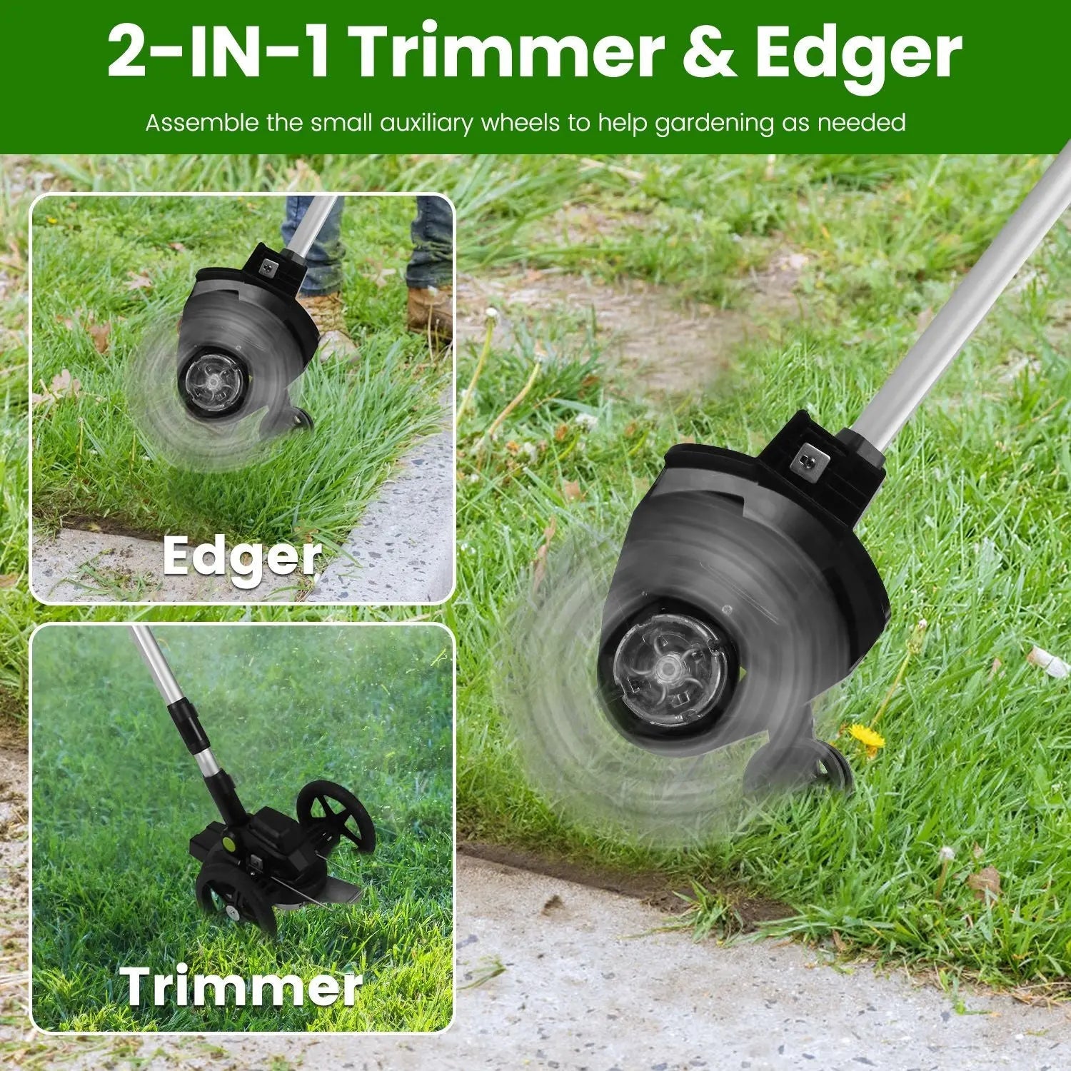 21V Electric Weed Edger Cordless String Trimmer with 2Pcs Batteries - soilcommander