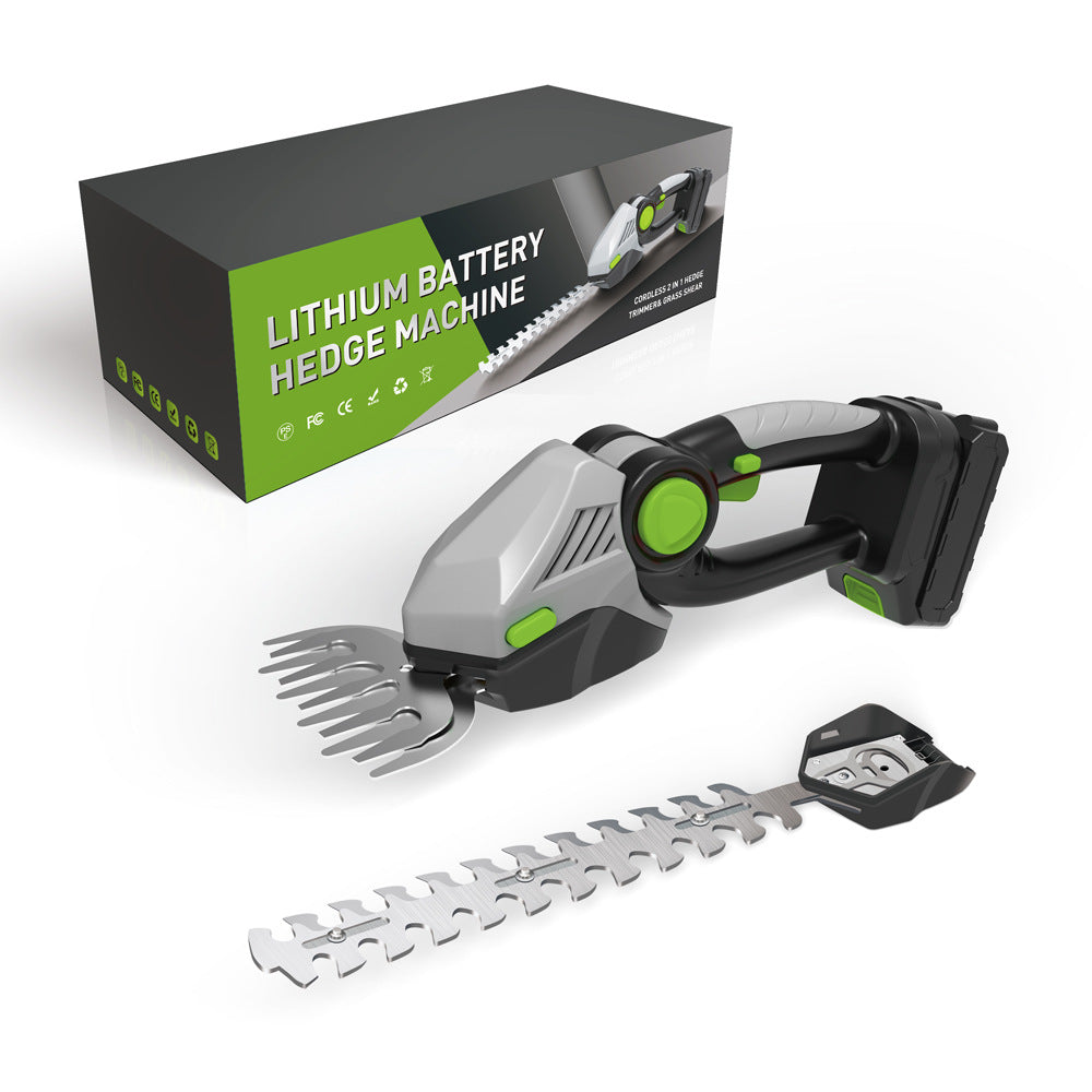 Wireless electric hedge trimmer by Brand 1, showcasing a compact handheld design for easy garden maintenance.